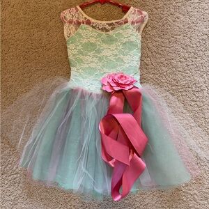 Girls Floral Lace Sequins Dress with Pink Accents